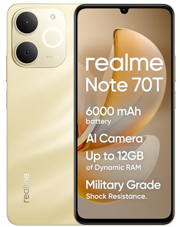 realme Note70T Unlocked Android Mobile Phone 4+64GB Octa-Core Smartphone, 15W PD 6000mAH Battery, Android 15 Dual SIM-FREE 4GB RAM, 6.75‘ Display, AI Features & AI Camera 2Years Warranty, Beach Gold.