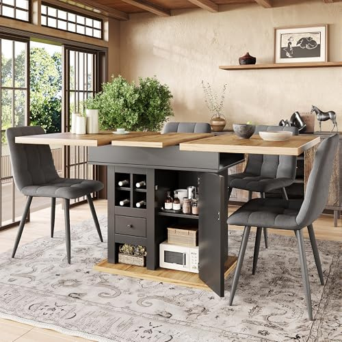 Ligterra Esstisch Teleskoptisch, Klappbarer Küchentisch für 4-6 Personen, Ausziehbarer Esstisch, Platzsparender, für Küche und Wohnzimmer, Weinregal und Schubladen, 110-140×80cm (Schwarz)