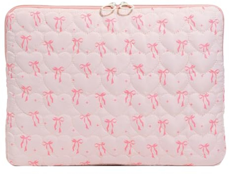 Puffy Laptop Case with Bows - Cute Quilted Laptop Sleeve, 11/13/15 Inch Protective Bag with Zipper, Compatible with MacBook Air M3/M2/M1 & MacBook Pro/Pro Retina, Fit Notebook/Tablet/iPad (Pink L)