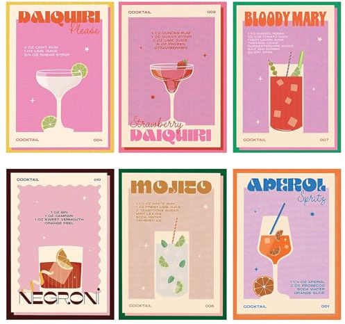 milaosk 6Pcs Cocktail Poster Set A4 Bilder Küche Vintage Poster Aesthetic | Kunstdrucke Retro Wandbilder Leinwand Wandkunst Wandposter Leinwanddruck Für Küche Bar Esszimmer, 20x30cm Ungerahmt