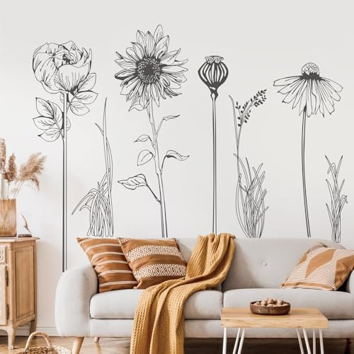 Supzone XXL Wandtattoo Schwarze Blume Wandaufkleber Einfache Minimalistische Sonnenblume Wandsticker für Wohnzimmer Schlafzimmer Sofa TV Hintergrund Wanddeko