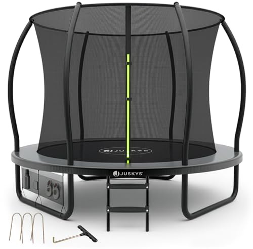Juskys Trampolin SkyBounce S Ø 228 cm – Outdoor Gartentrampolin mit Sicherheitsnetz und Leiter, PowerSpring Sprungfedern, gepolsterte Randabdeckung, bis 100 kg