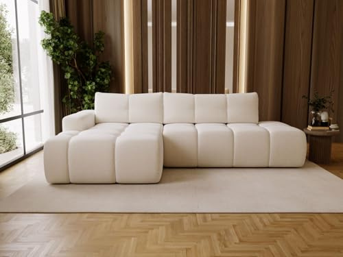 GRAINGOLD Montero L Ecksofa modern mit Bettfunktion, 280x177 cm, L-Form Sofa, Schlafcouch für Wohnzimmer, Bouclé-Stoff, 3-Sitzer Eckcouch, Ecksofa mit Bettkasten (Weiß, Links)