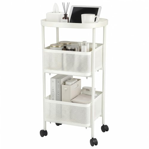 PLSOPPKG 3 Tier Rolling Cart, Metal Utility Storage Carts with Wheels, Craft Cart Organizer, Mesh Basket for Bedside Kitchen Office Art, Milky White