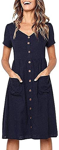 Summer Dresses for Women Casual Midi Dress Short Sleeve V Neck Button Decoration Swing A Line Tunic Dress with Pockets Size XL = UK 14-16