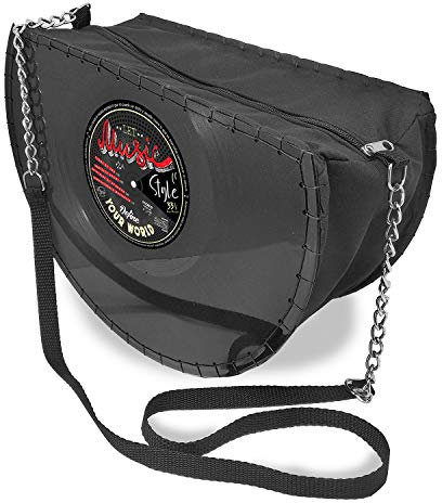 Mancha de Creación - Tasche aus LP-Schallplatten, schwarzem Stoff und Design im Musikstil, runde Umhängetasche für Frauen, Kettengriff, Retro, Vintage, Casual