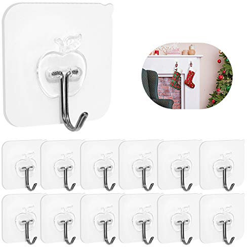 Ganchos adhesivos de pared de 22 libras (máx.), transparentes, reutilizables, sin costuras, impermeables y resistentes al aceite, ganchos autoadhesivos para baño, cocina, 12 unidades