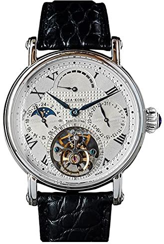 SE8007SK Seakors Tourbillon Black Index Seagull ST8007 - Reloj mecánico para hombre con cristal de zafiro 1963, negro, 40mm, Correa