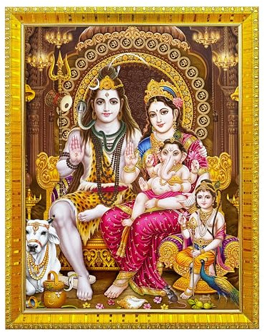 Koshtak Shiva Parvati mit Ganesh Ji/Shiv Parivar Fotorahmen mit laminiertem Poster für Puja Raumtempel Anbetung Wandbehang Geschenk Heimdekoration (30 x 23 cm)
