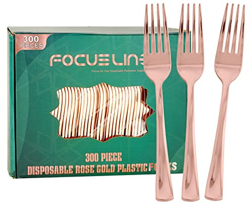 FOCUSLINE 300 Pack Disposable Rose Gold Plastic Forks, Solid and Durable Plastic Cutlery Forks, Heavy Duty Disposable Utensil Silverware for Catering, Parties, Dinners, Weddings