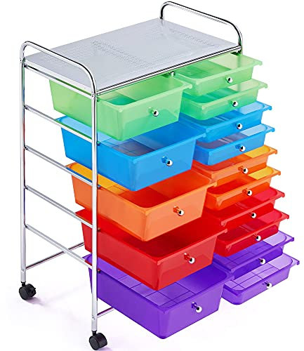 costoffs 15 Drawers Storage Unit On Lockable Wheels, Plastic Trolley Cart, Salon, Beauty, School, Home & Office Organiser, Multicolor