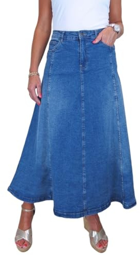 Paulo Due Women's Flared Stretch Denim Maxi Skirt | Ladies Long Flare Jeans Skirt, Fishtail, Pannel Deisgn, Casual, Stretch Denim