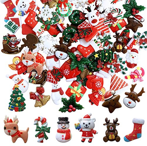 80 Stück Weihnachts-Schleim-Anhänger aus Harz, Flachrückseite, Gorvalin Kawaii Glitzer Schneemann Rentier Verzierungen Anhänger für Weihnachts-Nailart, Scrapbooking, DIY-Holiday-Resins