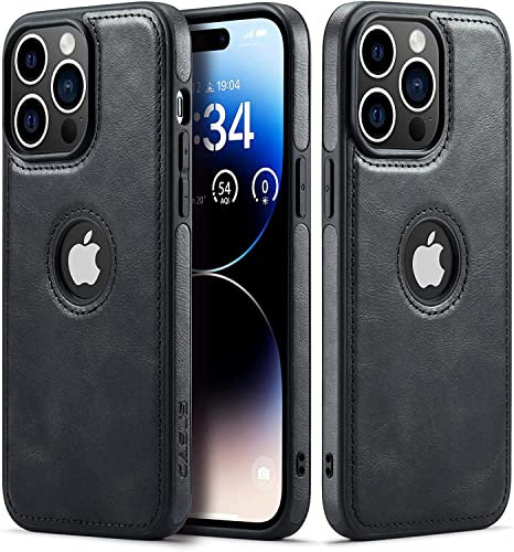 Sibada iPhone 14 Pro Hülle, iPhone 14 Pro Case, Logo View Kompatibel mit Slim Premium Veganes Leder Klassisch Luxus Elegant Dünn Cover, entworfen für iphone14pro hülle - Schwarz
