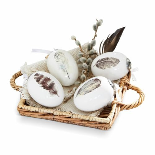 Loberon Osterei 4er Set Bergaf, edler Osterschmuck, reizende Feder-Motive, naturnah gestaltete Deko-Eier, Ostern, Osterdeko, Porzellan, Eisen, Polyester, weiß
