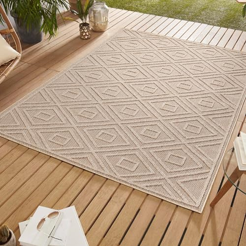SIMPEX Outdoor Teppich, Rauten Design, Beige, 80 x 250 cm, Skandinavischer Stil, für Küche, Balkon, Terrasse, Garten, Picknick