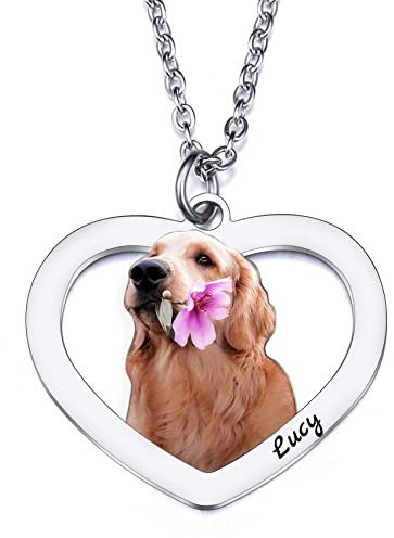 MunkiMix Personalisierte Foto-Edelstahl-Halskette mit Hund-Katze-Bild, eingraviert in Farbe, individuelles Hunde-Geburtstagsgeschenk für Haustierliebhaber/Männer/Frauen, Gedenkanhänger in Herzform
