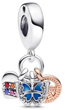 PANDORA Zweifarbiges Regenbogenherz, Schmetterling & Frieden Dreifacher Charm-Anhänger aus Sterling-Silber und Emaille in der Farbe Silber-Roségold, PANDORA Moments Kollektion, 782572C01