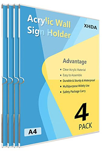 XHDA 4Pack A4 Acrylic Wall Sign Holder with 3M Tape, A4 Adhesive Wall Poster Holders, A4 Acrylic Wall Display for Home, Office, Store, Restaurant