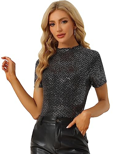 Allegra K Damen Pailletten Oberteil Kurzarm Pullunder Stehkragen Glitzer Oberteile Silber L
