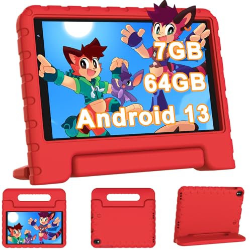 Tablet Bambini 8 Pollici Android 13, 7GB RAM 64GB ROM 1TB Espandibile, WiFi 6 BT 5.0, 5MP+2MP, 3600mAh, 1280*800, GPS, Controllo Parentale, Apprendimento Educazione, Tablet PC con Custodia, Rosso