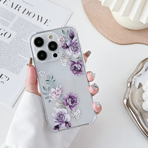 DEFBSC Compatible with iPhone 15 Pro Max Case, Clear Floral Flower Pattern Print Design for Girls Women Flexible Shockproof Soft TPU Bumper Protective Flower Phone Case - Purple Peony
