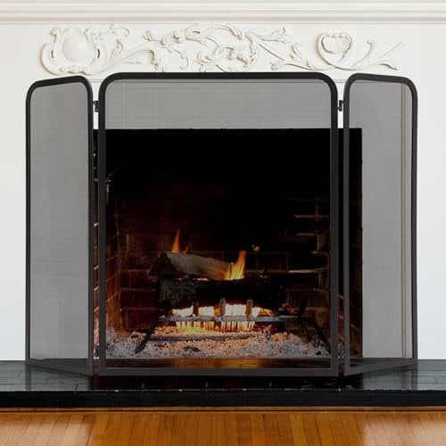 GiantexUK 3-Panel Folding Fireplace Screen, Heavy Duty Metal Mesh Spark Guard, Freestanding Spark Protection Fire Guard Barrier for Child Baby Pet Open Fire