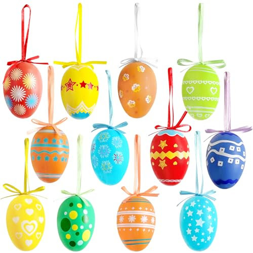 Lot de 36 œufs de Pâques à suspendre, décorations multicolores en plastique pour arbre à œufs, œufs décoratifs peints à la main, ornements artisanaux avec différents styles de rayures, pois et fleurs