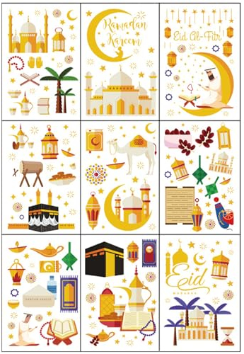 Ramadan Fensterbilder - 9 Blätter Ramadan Dekoration Fensteraufkleber Selbstklebend Stern Halbmond Eid Mubarak Sticker Fensterdeko für Eid Mubarak Dekoration Fenstersticker Islam Party Deko