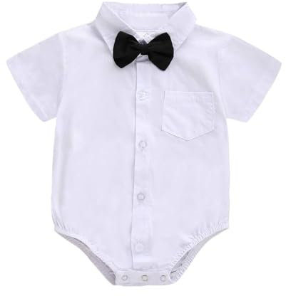 OPAWO Baby White Shirt Bodysuit Soft 100% Organic Cotton Newborn Vests, Short Sleeve One-Piece Bow-tie Button Down Babies T Shirts for Wedding Suit Christening Outfit (White S,6-9 Months)