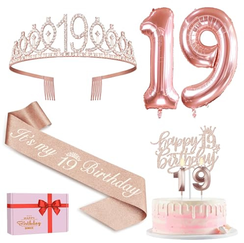 Amosking 19th Birthday Decorations for Girls Rose Gold | 19th Birthday Rose Gold Supplies - 19th Birthday Sash, Tiara, Cake Topper, Candles, Balloons, 19 Year Old Girls Gifts