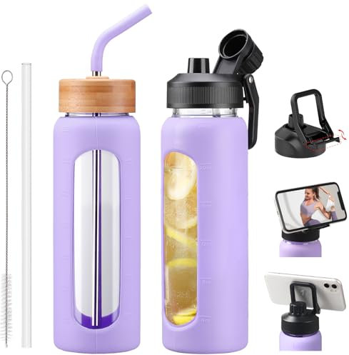 NOLOGLAZIC Glass Water Bottle with Straw, 24oz Glass Drinking Bottle with 2 Lids-Bamboo and Spout Lid with Phone Holder Handle for Gym Sports,with Silicone Sleeve and Time Marker,Purple