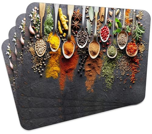 Tischset Satz mit 4 Stück 40x30 cm Gewürze 15, Tischuntersetzer Abwaschbar - Hitzebeständige Korkrückseite hält Temperaturen von 100°C Stand, verrutscht Nicht - Platzdeckchen für Die Küche