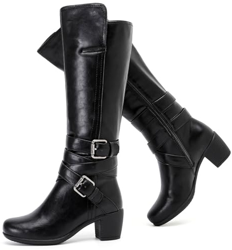 Ruiee Stivali alti al ginocchio da donna, alla moda, comodi, con tacco grosso, classici a punta, per autunno e inverno, tacco basso, stivali lunghi da donna., Nero Lpu 303, 39.5 EU