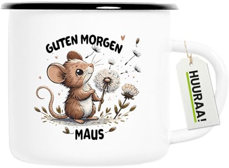 Huuraa Emaille Tasse Guten Morgen Maus Geschenk | 300ml Becher Weiß mit Schwarzem Rand Vintage Campingbecher Geschenkidee Kaffeetasse als Wohnwagen Zubehör Campingtasse