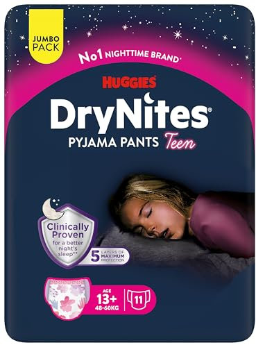 Huggies DryNites Pañales de Noche para Niña 13+ (48-60 kg), Clínicamente Probado con 5 Capas de Máxima Protección Nocturna, 11 Bragas Absorbentes