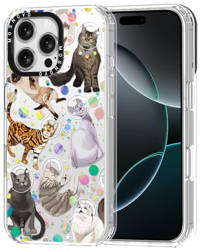 MOSNOVO Case for iPhone 16 Pro Max, [Buffertech 6.6ft Military-Grade Drop Protection] [Anti Peel Off Tech] Clear TPU Bumper Phone Case Cover Design - Space Cat