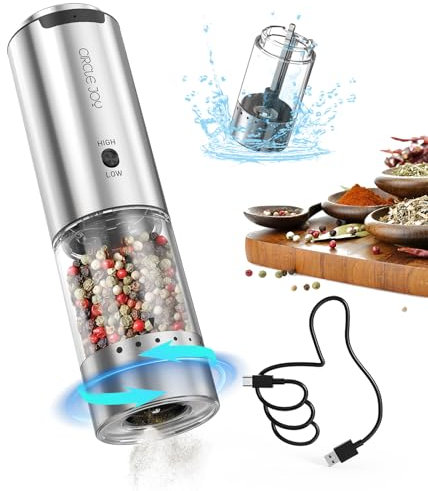 CIRCLE JOY Wiederaufladbarer Pfeffermühle Elektrischer Gewürzmühle Edelstahl mit 95ml Transparenter Behälter, Weißem LED-Licht, Extern Einstellbare Rauheit und 2 Schleifgeschwindigkeiten