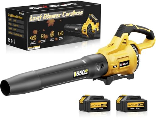 GEVEELIFE Garden Blowers, Leaf Blower Cordless, 650CFM & 3 Speed Levels, Electric Cordless Leaf Blower with 2 * 4.0Ah Battery Powered, Blowers for Lawn Care, Yard, Blowing Leaves, Dust, Snow