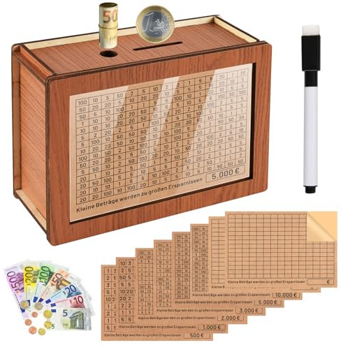 CHWNIBAY Spardose Holz,Spardose mit Zähler,Sparbox mit Zahlen Ankreuzen,Holzspardose mit Marker Aufklebern,Wiederverwendbare Sparbox,Fördere Spargewohnheit bei Erwachsenen und Kindern(€500-€10,000)