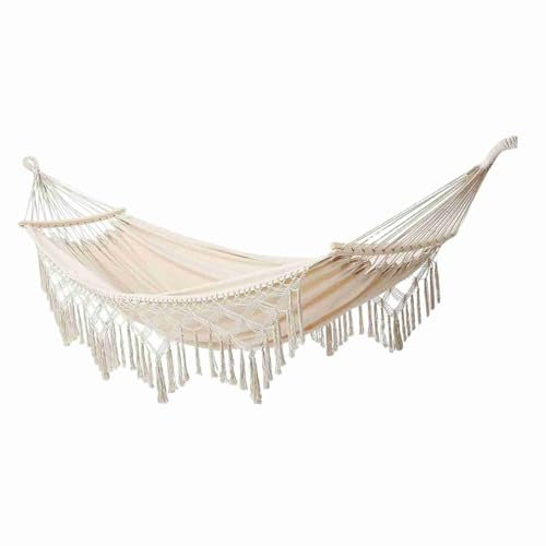 Double Bar Anti-Rollover Wooden Pole Foldable Hammock with Tassels, White/Red/Black Colors, 59 * 78.7in Canvas Hammock for Indoor/Outdoor Patios, Camping Trips, and More (White)