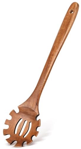 Wooden Pasta Spaghetti Spoon with Teeth, Teak Slotted Pasta Spaghetti Strainer Spoon for Cooking Serving Collecting, Wooden Pasta Fork Server Utensil with Claws, Wood Noodle Strainer,12.8″, Brown