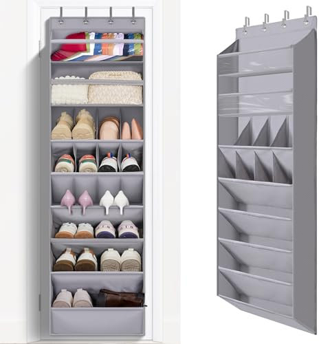 FENTEC Over Door Shoe Storage Organiser, 8 Tier Hanging Shoe Storage Door Shoe Rack Organizer for Space Saving, Back of Door Shoe Organiser Deep Pockets with Sturdy Hooks, 1 Pack, Grey