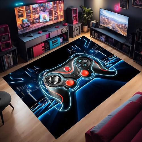 ZCLRUG Gaming Area Rug 160x230cm 3D Neon Space Bedroom Rug Cool Joystick Floor Mat for Teenagers Children Game Consoles Living Room Carpets Washable Non-slip Soft Bedside Carpet for Boys Room