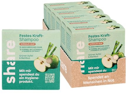 share Festes Shampoo Grüner Apfel & Bambus (6 x 60g) – Vegane feste Haarseife – Stärkung & Volumen – Ohne Silikone, Parabene & Mikroplastik – Spendet Hygieneprodukte