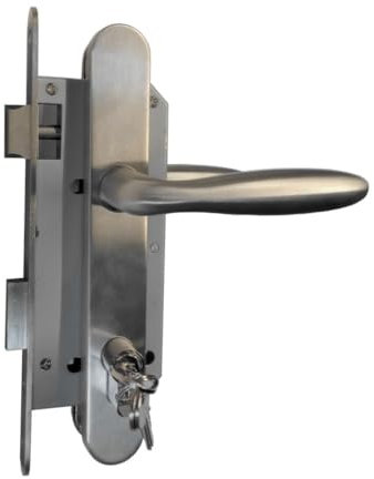 Set: Einsteckschloss für Gartentür re/li wechselbar, inkl. Edelstahl Griffe + abgerundetes Türschild + 3 Sicherheitsschlüssel - silberfarben