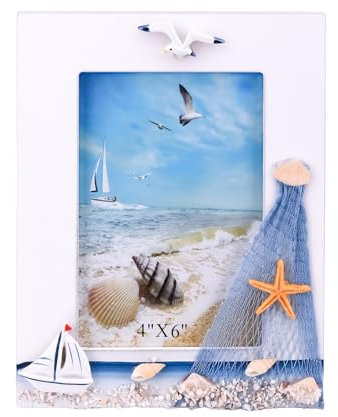 TAIYOU Bilderrahmen Vintage Holz Tisch Fotorahmen Vertikal 4x6 Zoll Shabby Fotorahmen Deko Mediterranen Stil Nautische Bilderrahmen mit Muscheln Segelboot Fischernetz Meeresstern Möwe Deko