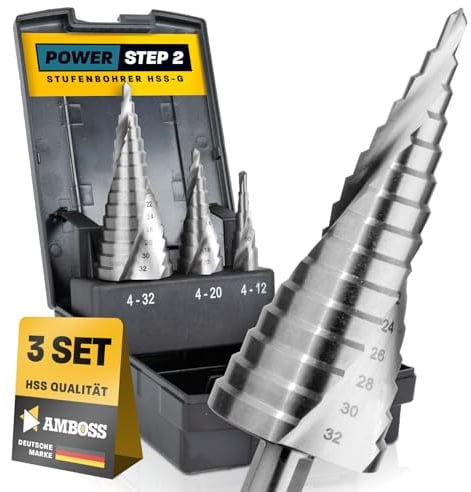 Amboss Lot de 3 forets étagés Ø 4-12 + 4-20 + 4-32 mm / tige 10 mm / Forets à métaux professionnels HSS / Enclume PowerStep 2 / Forets perforés pour acier, aluminium, plastique, verre acrylique