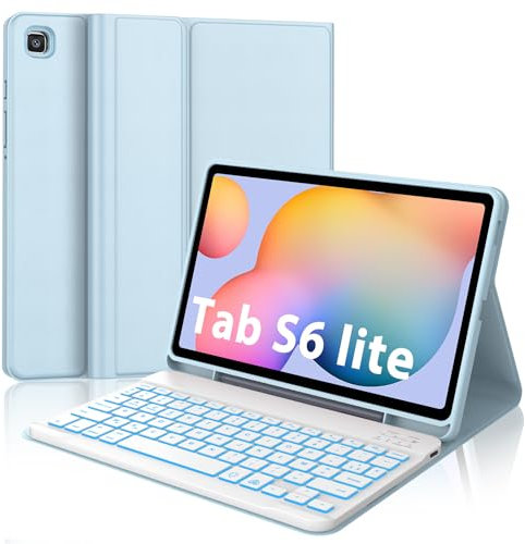 SENGBIRCH Coque Clavier pour Samsung Galaxy Tab S6 Lite 10,4 2024 - AZERTY Français Clavier Rétroéclairé 7 Couleurs Détachable sans Fil Bluetooth, Étui pour Galaxy Tab S6 Lite 10,4, Bleu Chair