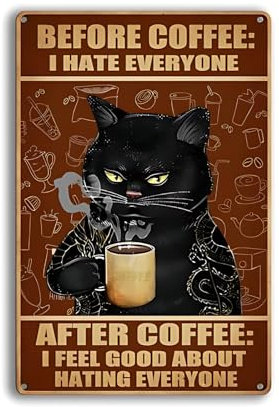 KAIYAYA Katze Metall Zinn Schild,Vintage Poster Witziges Schwarze Katze Coffee Retro Plaqu Poster Wall art Print Dekoration 30X20 CM Zoll für Home Bar Bad (Vintage Schwarze Katze#25)